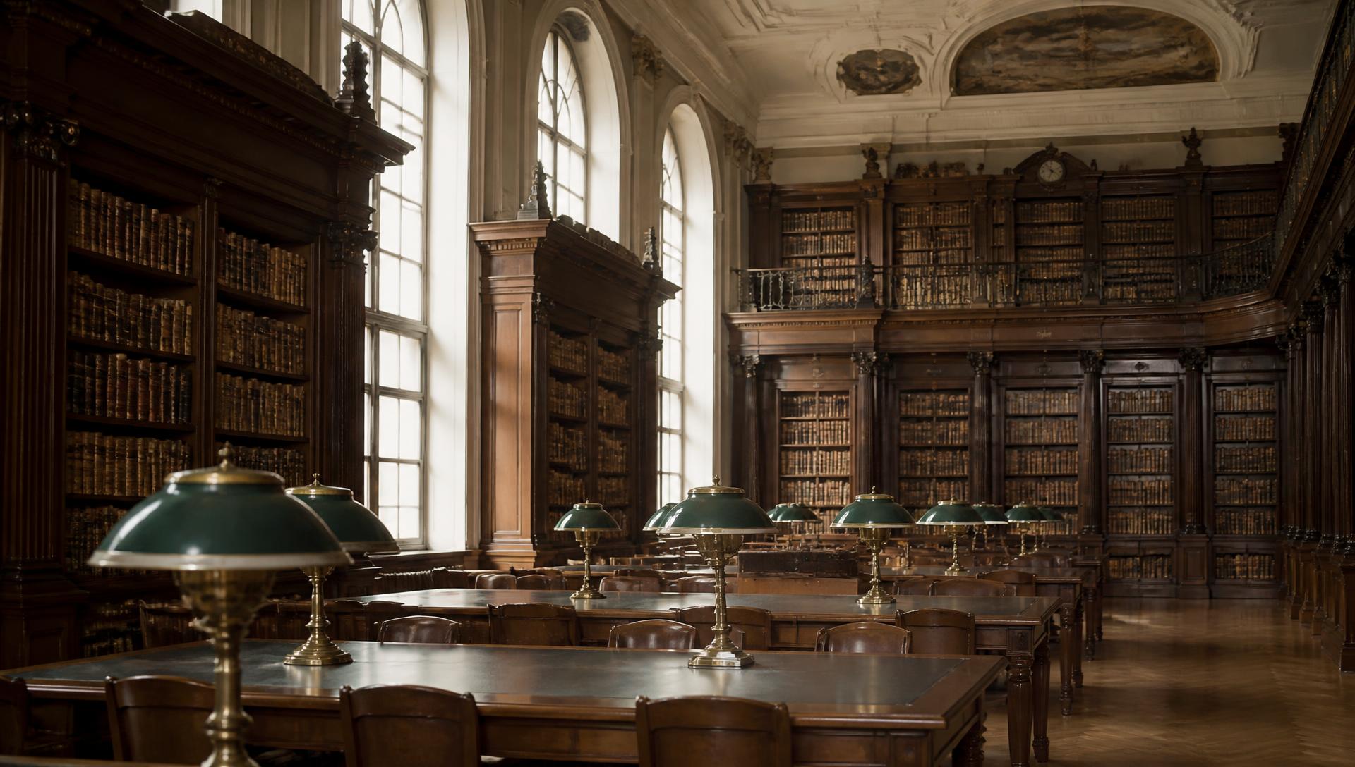 Reading room of a European research library, dark wood bookcases and brass reading lamps